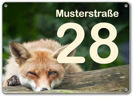 banjado® Hausnummernschild personalisierbar Motiv Fuchs Relax - Hausschild personalisiert Draußen mit Straßennamen möglich - Hausnummernschild Edelstahl versch. Motive - inkl. Montagematerial