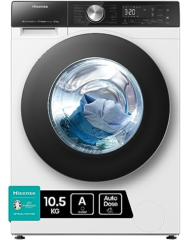 Hisense WF5S1045BW - Lavatrice a Carica Frontale 10,5 Kg, 1400 rpm, 15 Programmi, Autodose, Connectivity, Vapore, Display Touch, Porta doppio vetro, Programma Rapido, Partenza Ritardata, Child Lock
