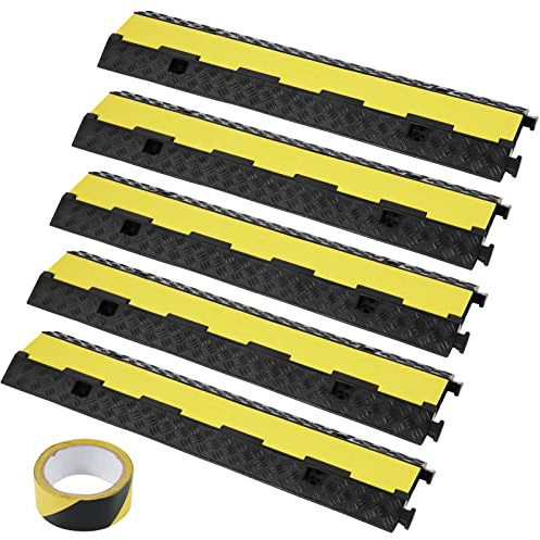 VEVOR Rampa de Protección de Cable 5 Piezas 2 Vías Canaleta Pasacables de Suelo 3 x 3 cm Protector de Cables de Caucho y PVC Capacidad de Carga 5443 kg Cubiertas de Suelo para Cables Negro y Amarillo