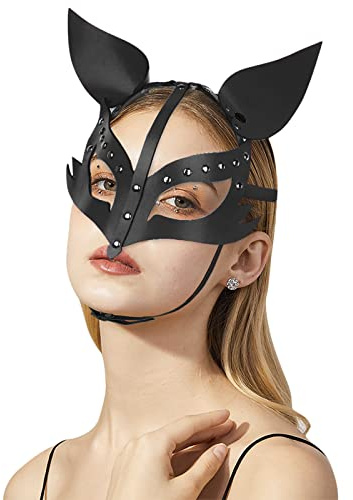 Faxianther Halloween Füchse Maske Damen Sexy PU Leder Halbgesichtsmaske Einstellbare Füchseohren Maske Maskerade Halbgesicht Maske Requisiten Maske Venezianische Ledermaske Katze Maske Cosplay Kostüm