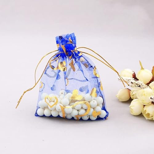 PTNKUIIY 100 Stück Organzasäckchen 9 * 12cm Organzabeutel Liebe Herz Geschenkbeutel mit Kordelzug Hochzeitsbevorzugung Schmuckbeutel zum Befüllen für Hochzeit Weihnachten Valentinstag Party-Blau
