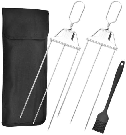 Grillspieße Edelstahl, 35.5 cm Schaschlikspieße mit Schieberegler, Halbautomatische Grillgabel, 3 Gabel Flat Fleischspieße für Grillpartys im Freien und im Garten (Typ A)