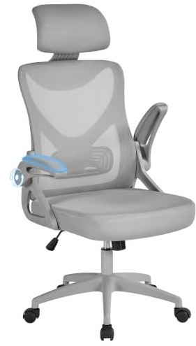Yaheetech Ergonomic High Back Padded Office Chair with Lumbar Support Gray | Space-saving flip-up arms & adjustable height, smooth 360 swivel wheels for long-hour desk work and student home study