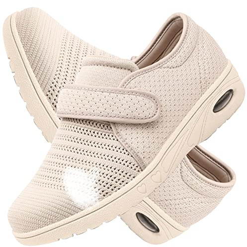 AEHO Chaussures Diabétiques Femmes Extra Larges Ajustables Pour Pieds Gonflés ½dème - Antidérapant Orthopédique Respirant Réglables - Beige, 40 EU