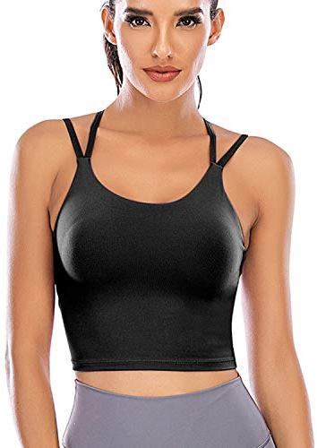FXTYK Longline vadderad bh korsbärare push up sport topp bustier sport bh för kvinnor fitness träning löpskjortor yoga linne topp, svart, L