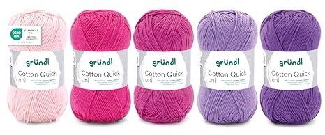 Gründl Ull Cotton Quick uni – tunn ull för virkning – stickgarn – virkgarn – glänsande och hudvänligt – 100% bomull – 5 nystan 50 g/125 m – nåltjocklek 3–4 – rosa-lila-blandning