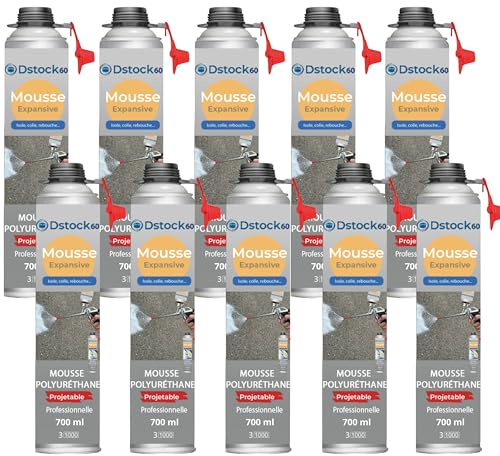 DSTOCK60 – Lot de 10 - mousse expansive polyuréthane projetable – 700 ml – avec applicateur - compatible multi-surfaces - application facile et rapide