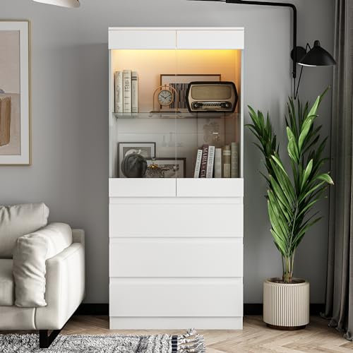 PREMTURE Glasvitrine,Vitrinenschrank, Vitrine,2 Türige, 3 Schubladen Glas Vitrinenschrank für Wohnzimmer, Esszimmer, Büro, Küche, MDF, Weiß，80×40×180 cm