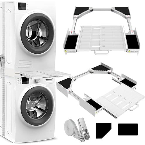 NIUXX Kit de Unión Universal para Lavadoras y Secadoras con Estante Deslizante, Kit de Estantería Apilado Universal con Cuerda de Trinquete, Marco Intermedio Ajustable para Lavadoras de 53-68 cm