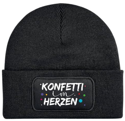 Tassenbrennerei Karneval Beanie - Wollmütze mit Spruch: Konfetti im Herzen - Mütze lustig- Geschenk für Freund, Mann oder Freundin, Frau für Fasching Kostüm