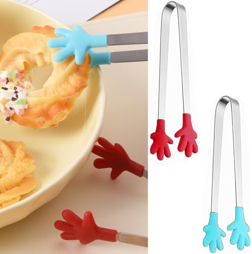 2 PCS Multifunctional Mini Food Clip with Skid-Proof Hand Shape Silicone Stainless Steel Food Tongs for Ice Clip Sweets Barbecue Salad (Blue + Red)