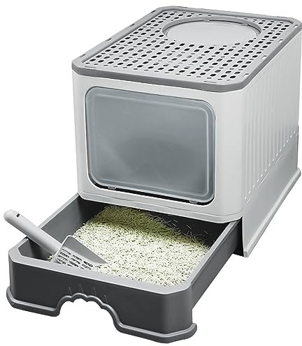 Bandeja para gatos cerrada, gran casa de aseo para gatos plegable con tapa, cajón de arena con pala, inodoro para gatos, fácil de limpiar, portátil, hasta 15 kg (gris)