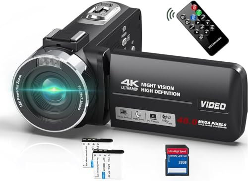 Videokamera 4K Camcorder 48MP mit IR Nachtsicht, 18X Digitalzoom 30 FPS Webcam Video Kamera 3.0-Zoll 270° Rotation Touchscreen Vlogging-Kamera für YouTube mit Fernbedienung, 2 Akkus, 32GB SD Karte