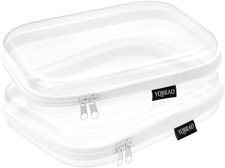 YQBRAO 2-Pack Medium Clear Hard Shell Zipper Case White, 1.2mm Heavy-Duty Crush-Proof Makeup Bag, Versatile Diaper Bag Organizer Pouches, Rigid Clear Zipper Pouches for Toiletries, Tech & Daily Carry