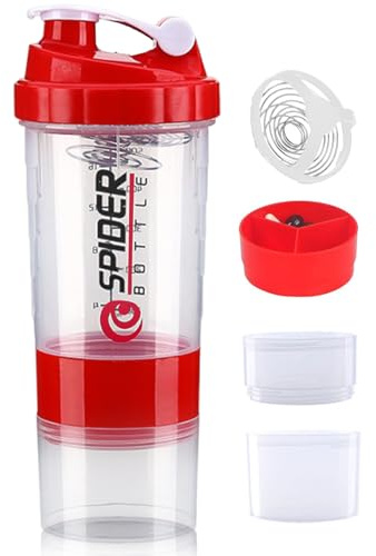 Luoqun88 600ml 3-Layer Protein Shaker Bottle with Steel Mixing Ball, Leak-Proof & BPA-Free, Sports Water Bottle Includes Storage Compartment for Supplements, Easy-Clean Design for Gym & Sports(Red)