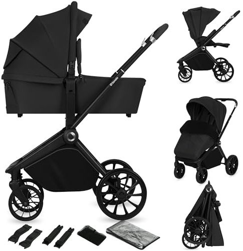 LIONELO Mika Plus 2-i-1 Barnvagn med Liggdel & Sittdel, Terränghjul med Dämpning, XXL Sufflett UPF50+, 5-punkts Bälte, Justerbart Ryggstöd & Fotstöd, Hopfällbar, Upp till 22 kg, Inkl Tillbehör, Svart