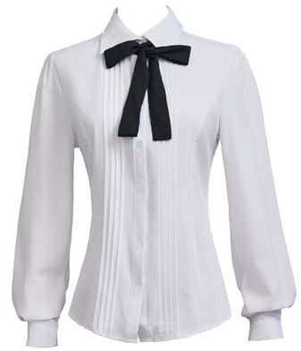 Taiduosheng Blusas ajustadas para mujer, de manga larga, con botones, color blanco, con lazos, camisas de trabajo, Corbata blanca y negra, M