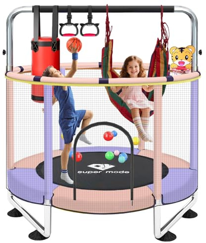 Studsmatta för barn, 5 fot justerbar för småbarn, inomhus/utomhus babystudsmatta med inhägnät, gåvor för pojkar och flickor (rosa och lila)
