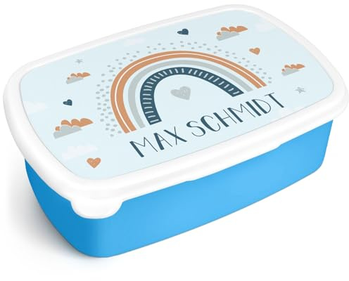 GRAVURZEILE Bedruckte Lunchbox - Regenbogen - Personalisiert mit Namen - Brotdose für Kinder - Individuell bedruckt mit Wunschmotiv - Platzsparend stapelbar - Perfekt für Schule & Kita - Farbe: Blau