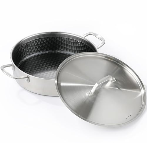 DELARLO 8 Quart Tri-Ply Stainless Steel Non Stick Braiser Pan with Lid, 13 Inch Deep Frying Pan, Large Saute Pan, Jumbo Cooker, Induction Compatible, Heavy Duty and Oven Safe
