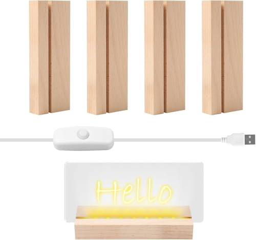 MaxEarn LED Lights Display Base, 4 Pack 11cm Wooden LED Light Stand | Warm Yellow Light, USB Switch, Rectangular LED Light Base for Acrylic Crystal Glass, Plate Resin