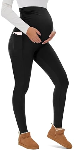 Joligiao Women's Maternity Fleece Lined Leggings with Pockets Over Bump Pregnancy Winter Warm High Waisted Elastic Workout Yoga Pants Trousers(Black,S)