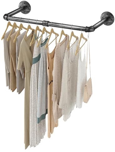 eSynic 60cm Wall Mounted Clothes Rail Popular Industrial Black Clothes Rails Durable Industrial Pipe Clothes Clothing Rack Wall Mounted Hanging Rails for Clothes in Bedroom Laundry Room Closet