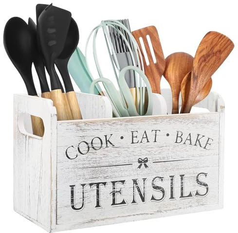 EEEKit Kitchen Utensils Holder, Wooden Kitchen Cooking Utensil Organizer | Farmhouse Cutlery Caddy with 3 Compartments and Drainage Bottom for Kitchen Countertop Decor, White