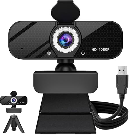 GOZVRPU 1080P HD Webcam with Built-in Microphone, Rotatable Tripod, Wide-Angle Lens,Privacy Cover, Auto Light Correction, Plug & Play USB-A Webcam for Laptop, Desktop, PC, Streaming-Black
