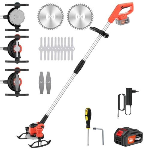 Desbrozadora Batería, 21V Desbrozadora Eléctrico con Batería de 3,0Ah, Recortador de Bordes y Cortacésped 2 en 1, con 3 Tipos de Cuchillas, para Jardines, Céspedes, Patios (Naranja, con 1 Bateria)