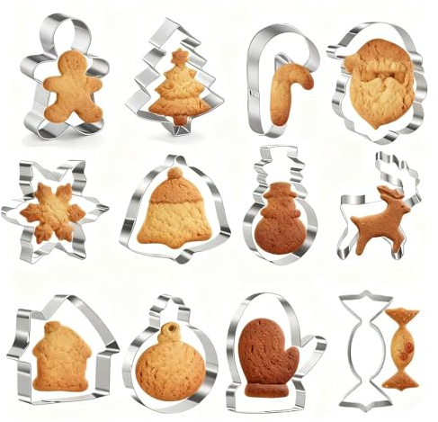 LIANRISES 12pcs Christmas Cookie Cutters Set for Baking, Gingerbread Man Christmas Tree Cutter, Xmas Biscuit Pastry Cutters, Stainless Steel Reindeer Snowman Santa Snowflake