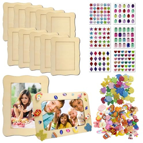 MoguGo 10 Stück Bilderrahmen Holz Set,Holzbilderrahmen mit Glitzersteine Selbstklebend Moosgummi Sticker 3D Aufkleber DIY Bilderrahmen zum Bemale für Jubiläen Geburtstage Muttertag (Wellenförmig)