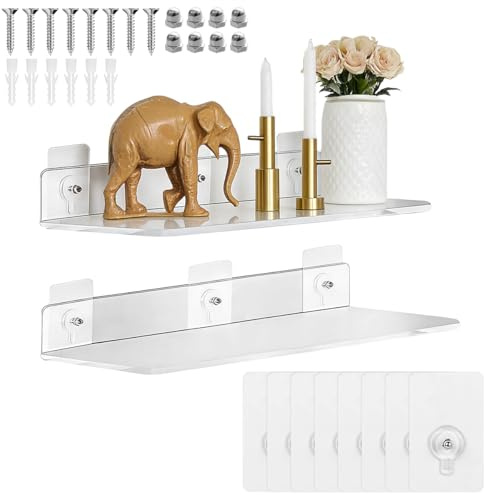 Elyyapt 2 PCS Floating Shelves for Wall, 30cm Acrylic Floating Shelf Self Adhesive Wall Shelves Clear Wall Mounted Storage Shelf for Bathroom Bedroom Living Room Kitchen, Transparent, Dual-Mount
