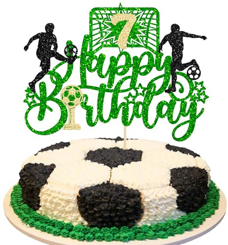 Ephlyn 1 Pack Soccer Happy 7th Birthday Cake Topper Sport Soccer Ball Cake Picks for Football Theme Kids 7th Birthday Party Cake Decorations Supplies