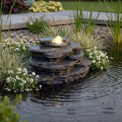 OG-KQS002 Pierre de fontaine artificielle avec éclairage LED Aspect pierre réaliste avec tuyau de 2 m – Résistant aux intempéries pour bassin et ruisseau Aspect ardoise Fontaine de jardin (OG-KQS002 +