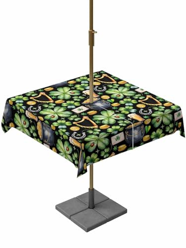 Outdoor Table Cloth with Umbrella Hole and Zipper,St. Patrick's Day Waterproof Square Tablecloth 60x60,Luck Shamrocks Beer Harp Horseshoes Envelope Washable Table Cover for Outside Party Patio