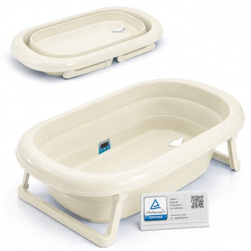 Babykajo Babybadewanne faltbar TÜV Rheinland geprüft, mit Abflussstopfen & Thermometer-Sticker, BPA-frei, rutschfeste Füße, 81x48x23 cm, Babywanne faltbar für Neugeborene bis 16 Monate