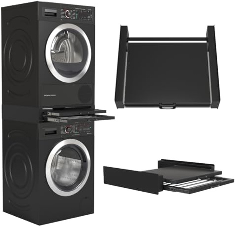 Wasophoogte Secadora de lavadora con plataforma y tendedero – Kit de apilamiento para lavadora y secadora – Marco intermedio universal, apto para cualquier marca. Color: Negro, Durable y ahorro de