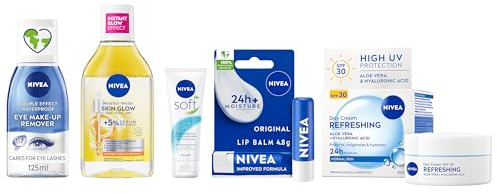 NIVEA Daily Essentials Bundle (5 Products), Waterproof Eye Make-Up Remover, Skin Glow Serum Infused Micellar Water, Refreshing Day Cream SPF30, NIVEA Soft Moisturising Cream, Original Care Lip Balm