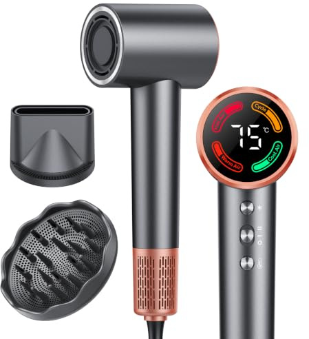 FAMOO Hair Dryer, 160,000 RPM High-Speed Ionic Blow Dryer with Diffuser and Concentrator Nozzle, 500 Million Negative Ions,Fast Drying, Smart Heat Control,LED Display,Quiet,for All Hair Types