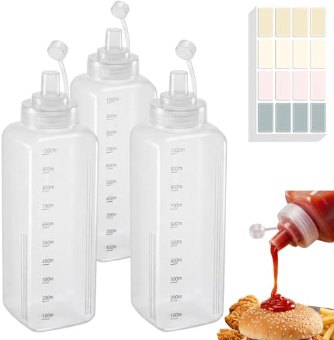 Dexpally 3 Pezzi 1000 ml Bottiglia Squeeze in Plastica Trasparente con Tappo Dosatore Antiperdite, con 1 Adesivo, Biberon Cucina a Bocca Larga, per Ketchup, Salsa Piccante, Olio d'Oliva, Pittura