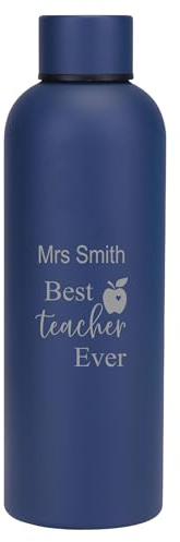 [Custom] Personalised Engraved Teacher Gift Designs Double Wall Insulated Water Bottle 500ml 17.5oz Hot Cold (Dark Blue Matt, Best Teacher + Apple)