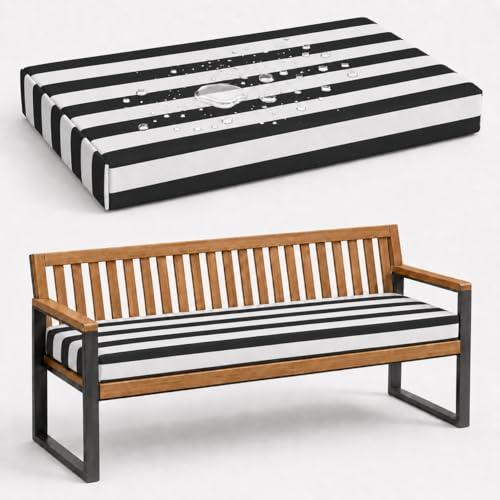 AZMAHT Cojines para Banco Exterior De Poliéster Resistente Al Agua, Cojines para Banco 5 Cm Espuma 50D, Cojin Impermeable Antideslizante con 2 Lazos para Jardín Terraza,Black Stripes,180x35x5cm