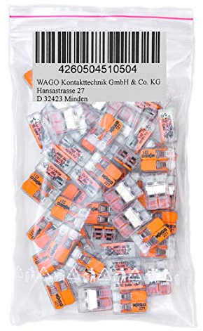 WAGO 50 Pieces 221-412 Connection Terminal 2 Wires with Lever 0,2-4 qmm Small Design, Transparent
