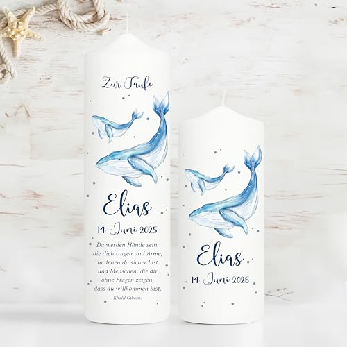 Wandtattoo Loft Taufkerze Junge mit Taufspruch + Patenkerze, Motiv Blauer Wal 25 x 7 cm, personalisierte Kerze, bedruckte Kerze zur Taufe, Taufgeschenk