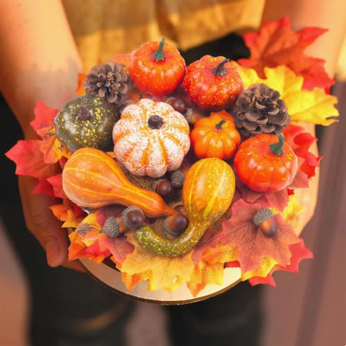 DomeStar Decoraciones de otoño para el hogar, 8 Calabazas Falsas Surtidas | 30 hojas de arce, 10 bellotas y 2 piñas, relleno de cuenco, guirnalda de otoño, corona, manualidades para centros de mesa de
