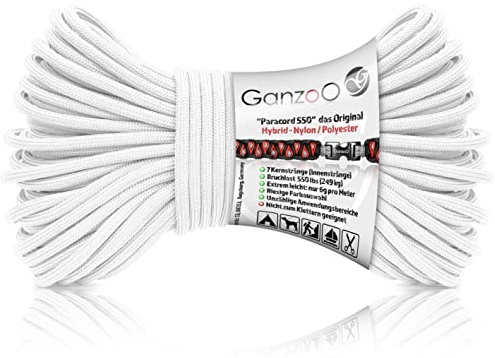 Ganzoo Paracord 550 Rope Seil reinweiß Snow, 4 mm Typ 3 Hybrid aus Nylon Polyester, 30 m Länge, 32 Litzen Mantel mit 7 Innensträngen, für Armband knüpfen, Hunde Leine, Halsband, Outdoor Camping