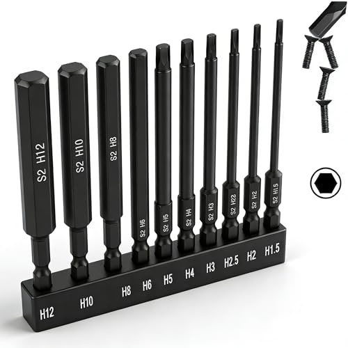 Sechskant Bit Set, CYLBAQ 10 Stück 100mm Hex Bits für Akkuschrauber Hex Sechskant Schraubendreher Bits Set 1,5/2/2,5/3/4/5/6/8/10/12mm,1/4 Sechskantschaft S2 Schlagschrauber