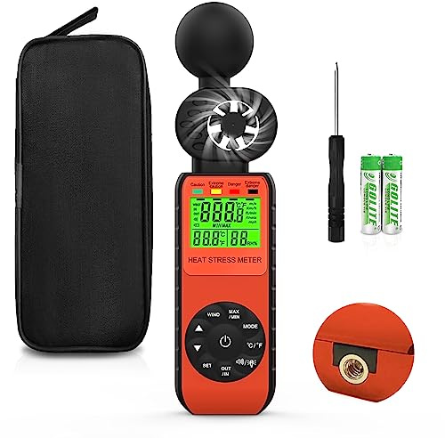 2IN1 WBGT+Anemómetro de velocidad del viento, HP-881W Medidor de estrés por calor con temperatura de globo de bulbo húmedo, Indicador de nivel peligroso, Alarma audible, Temperatura/humedad ambiental