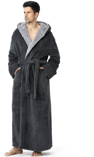 Hellomamma Mens Long Robes with Hood Full Length Hooded Bathrobe Fleece Plush Fluffy Housecoat Nightgown Grey XX-Large